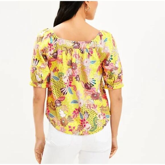 Loft Linen Artsy Yellow Floral Puff Sleeve Top Large Square Neck Boho Vacation - Picture 2 of 13